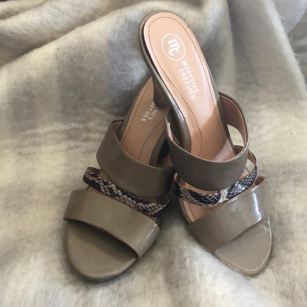 Tan and faux snakeskin sandals